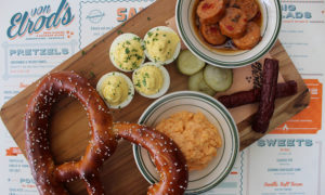 pretzel with beer cheese and deviled eggs