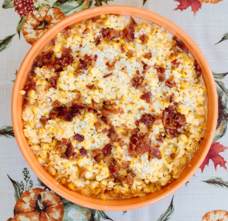 Smoked Creamed Corn with Bacon Parmesan Topping